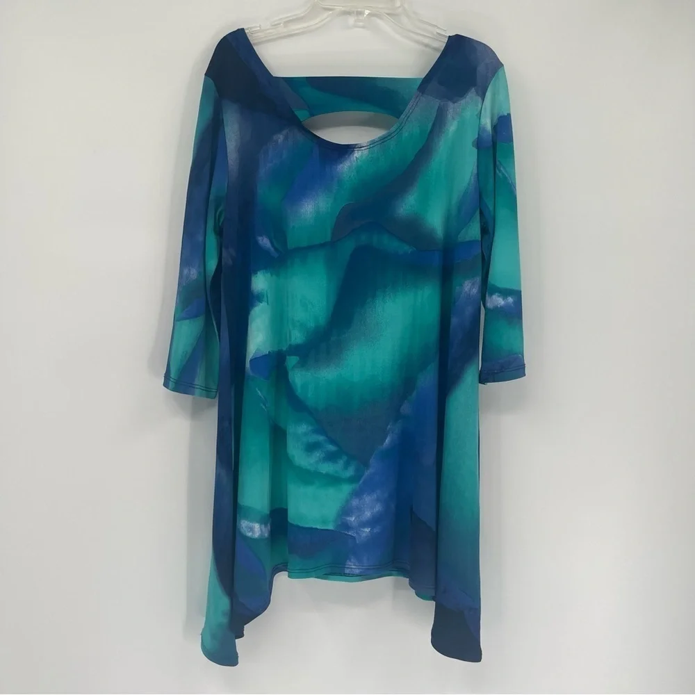 Clara Sun Woo Tie Dye  Asymmetric Hem Blouse Blue Green Size Small Tunic - Picture 5 of 9